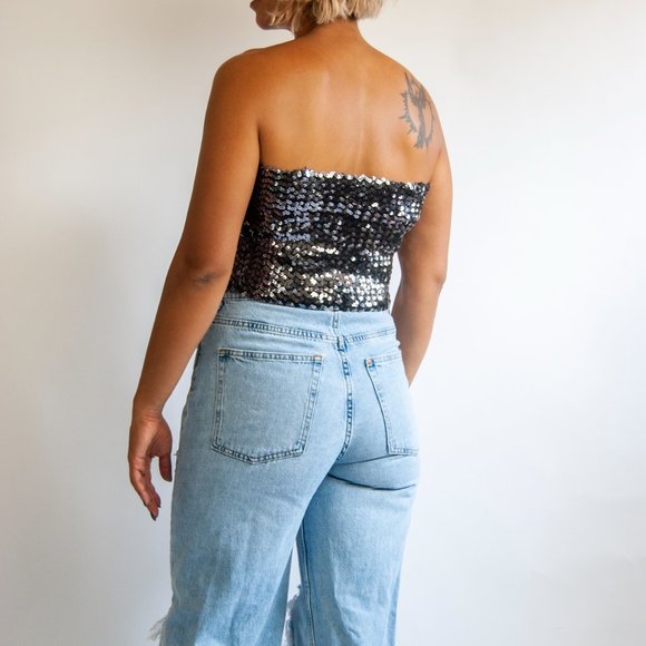 80s black sequin bandeau l xl extra large / black sequin top / sleeveless party - Picture 5 of 5